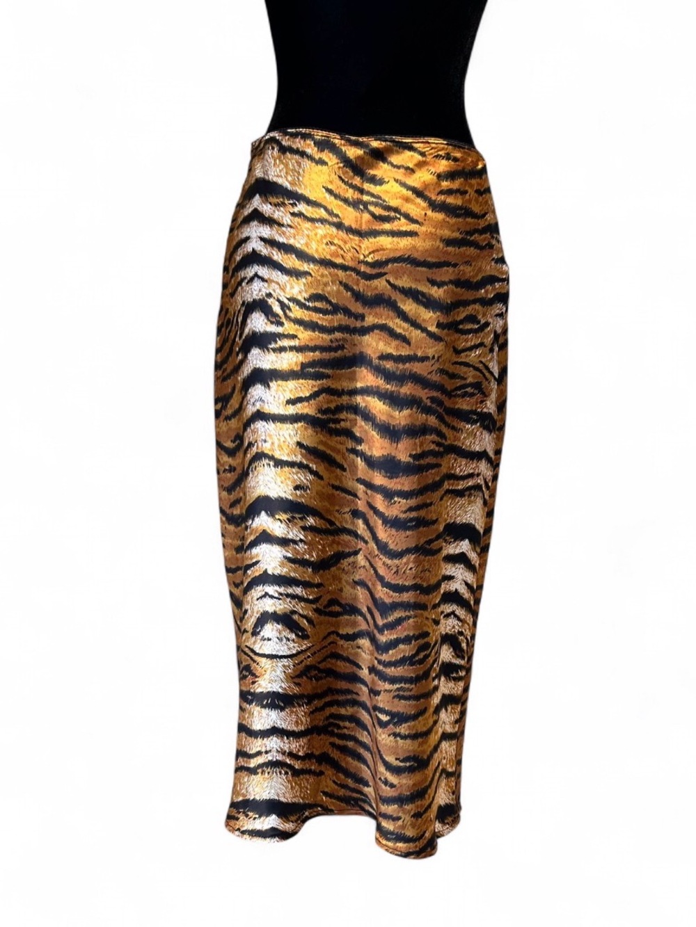 Haute Monde Tiger-Print Satin Midi Skirt M- Gold & Black W/Side Zipper & Elastic - Picture 5 of 7